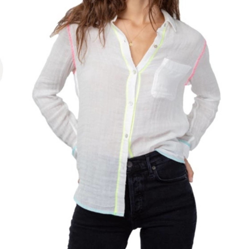 Rails Ellis neon stitch white gauze button up top size large